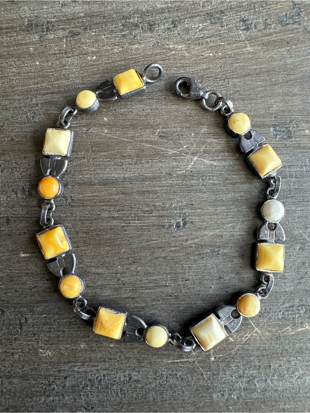 VTG Sterling Silver Butterscotch Amber Link Bracelet